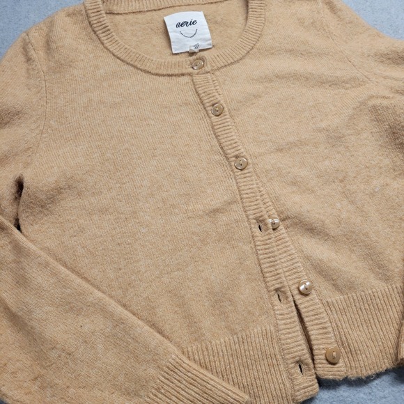 Aerie Wool Alpaca Cardigan Sweater Women's Small Tan Beige Brown Front-Button - Picture 2 of 10